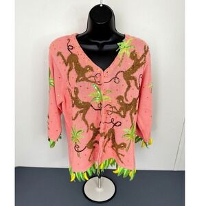 Design Options Cardigan Womens M Pink Monkey Tropical Sequin Banana Fringe Knit
